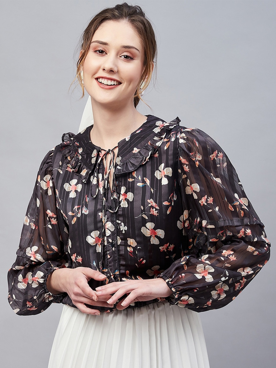 

Marie Claire Floral Printed Tie-Up Neck Ruffles Puff Sleeves Blouson Top, Black