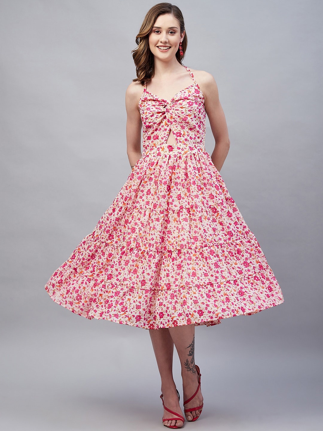 

Marie Claire Floral Printed Georgette Midi Fit And Flare Dress, Pink