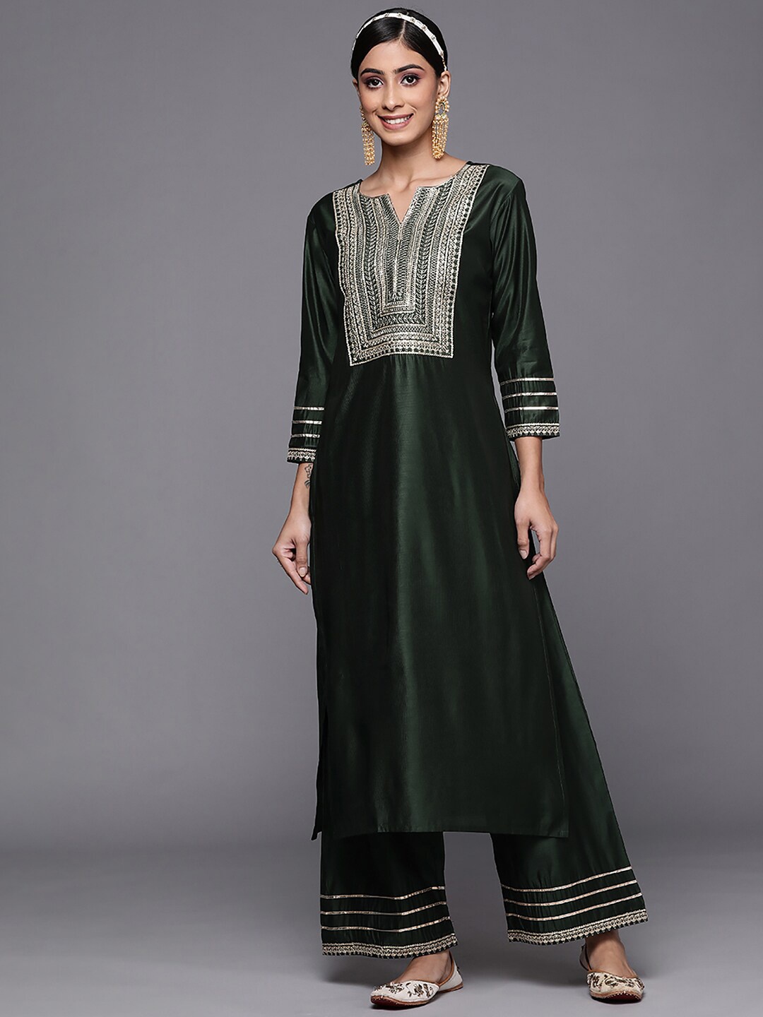 

Indo Era Women Floral Embroidered Kurta with Palazzo, Green