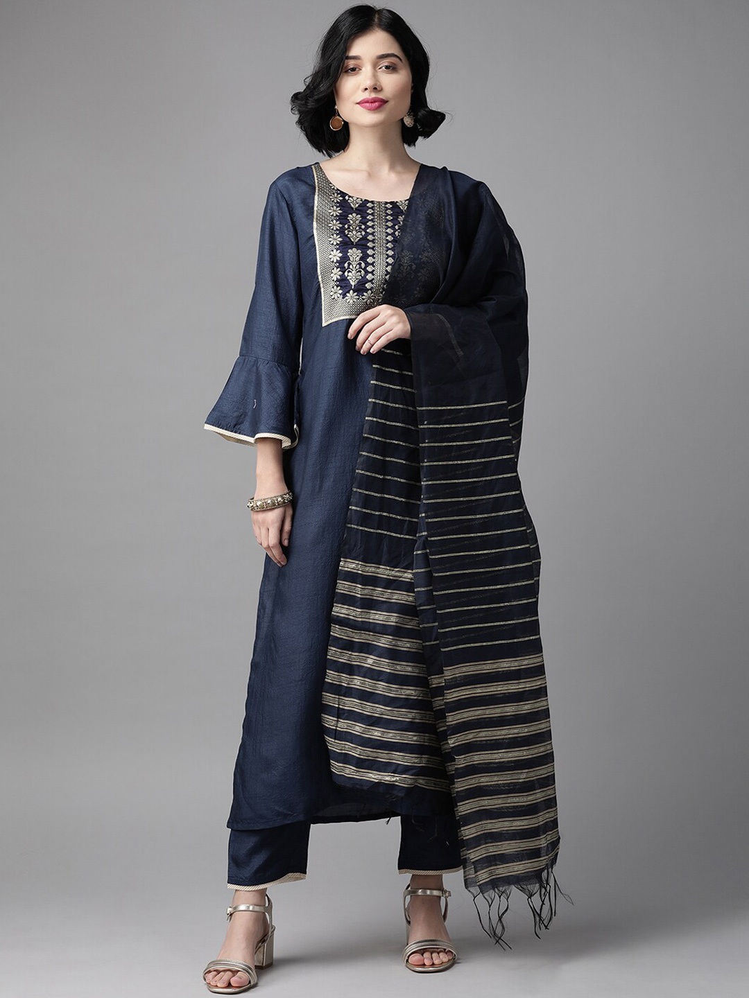 

Indo Era Ethnic Motifs Woven design Kurta with Trousers & Dupatta, Navy blue
