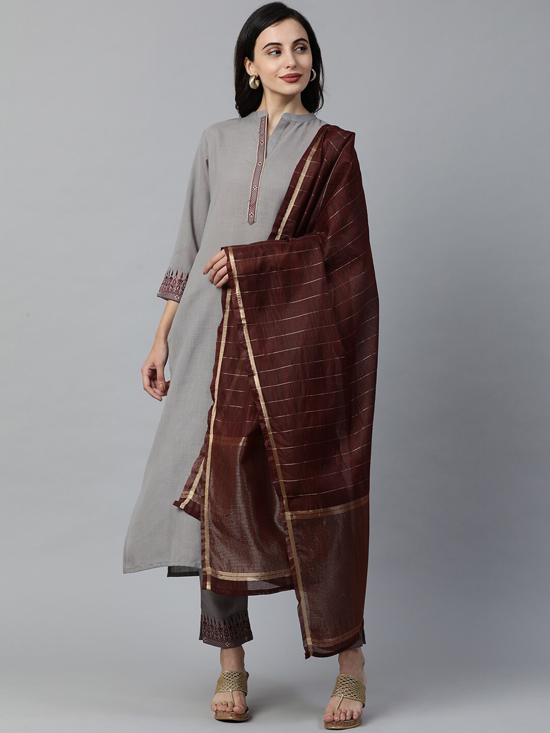 

Indo Era Mandarin Collar Pure Cotton Kurta with Trousers & Dupatta, Grey