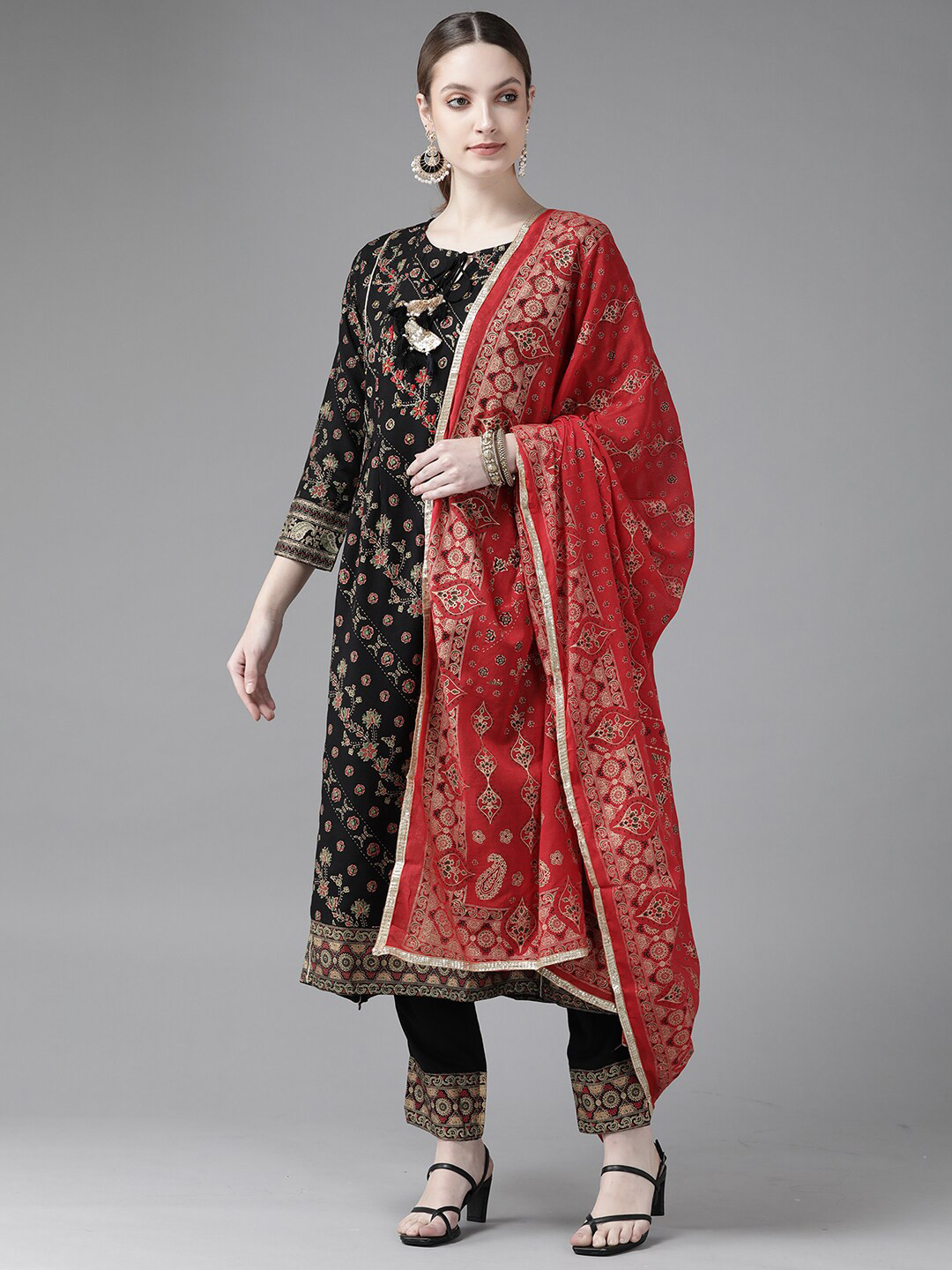 

Indo Era Ethnic Motifs Printed A-Line Flared Kurta with Trousers & Dupatta, Black