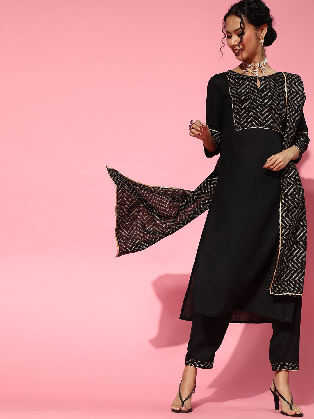 

Indo Era Chevron Yoke Design Kurta With Trousers & Dupatta, Black