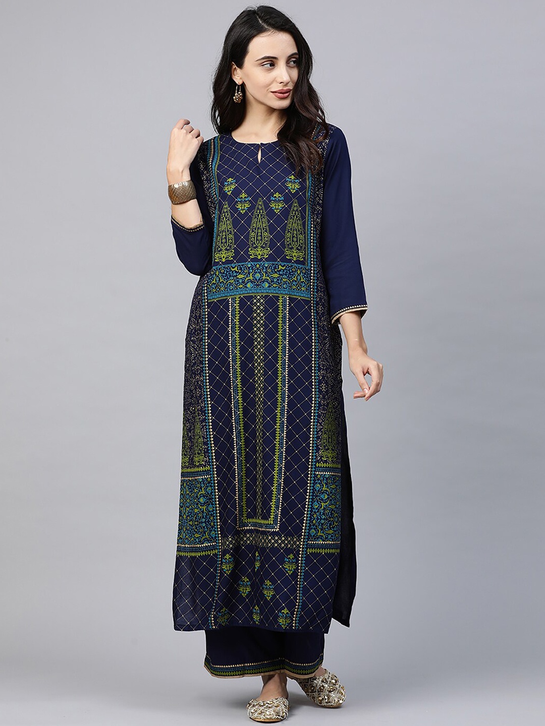 

Indo Era Ethnic Motifs Printed Keyhole Neck Liva Kurta, Navy blue