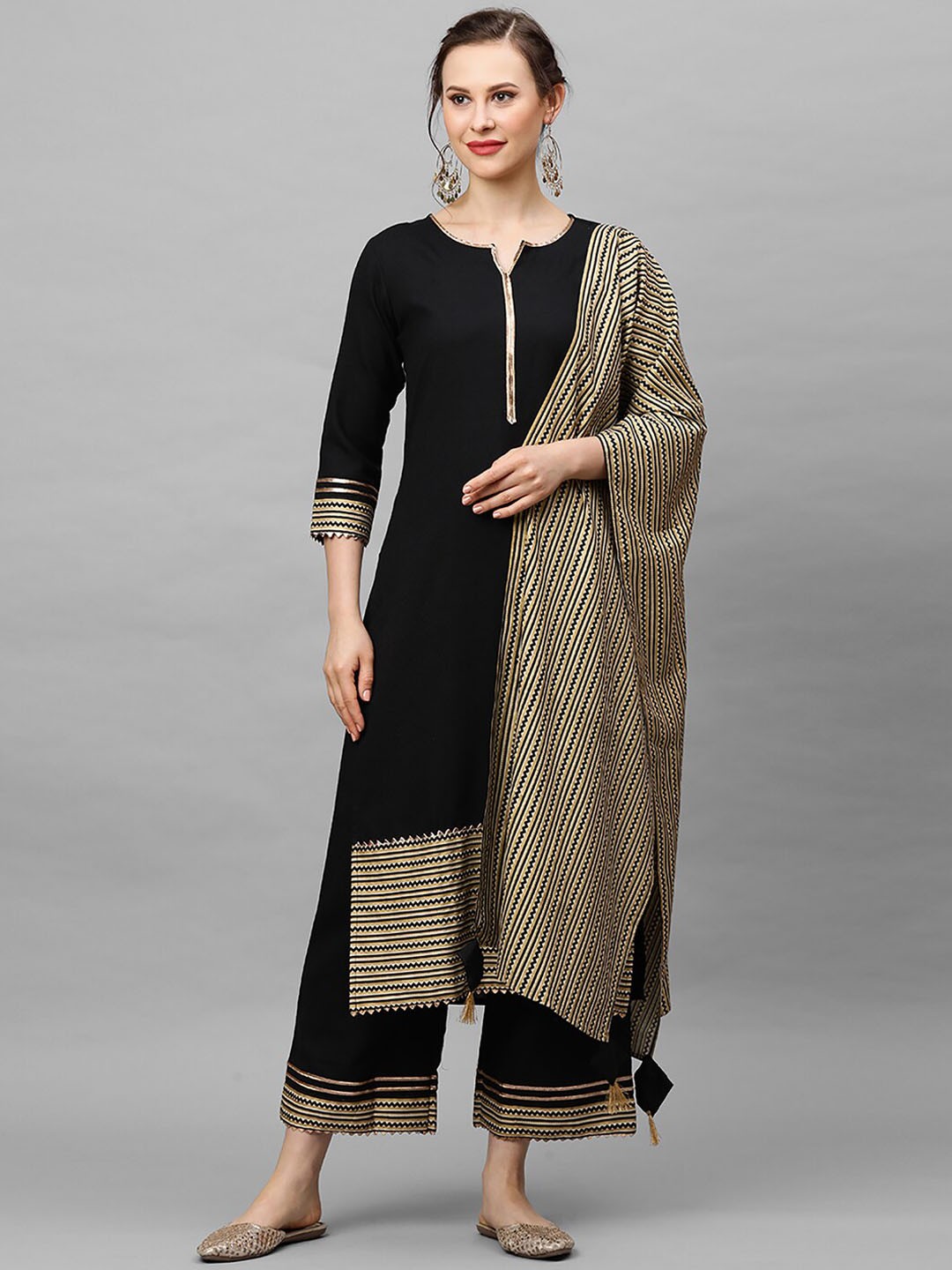 

Indo Era Geometric Printed Pure Cotton Kurta With Palazzos & Dupatta, Black