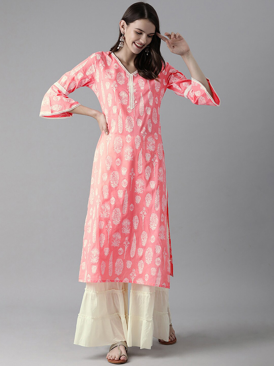 

Indo Era Ethnic Motif Printed Pure Cotton Kurta With Palazzos, Pink