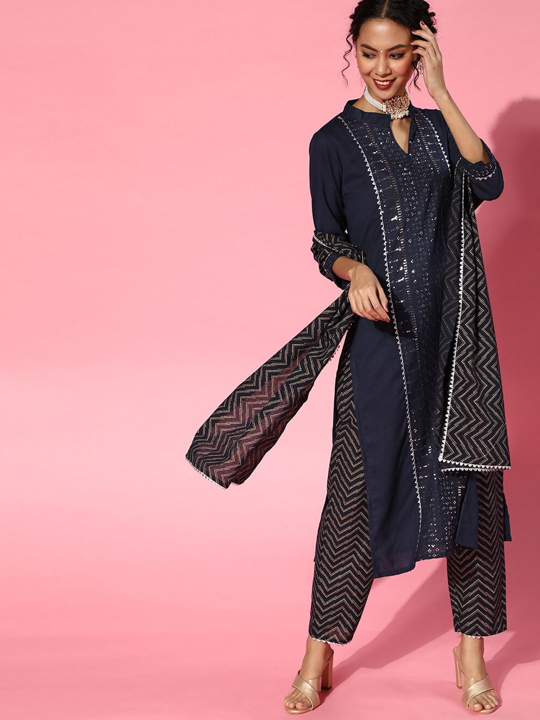 

Indo Era Embroidered Band Collar Straight Kurta with Trousers & With Dupatta, Navy blue