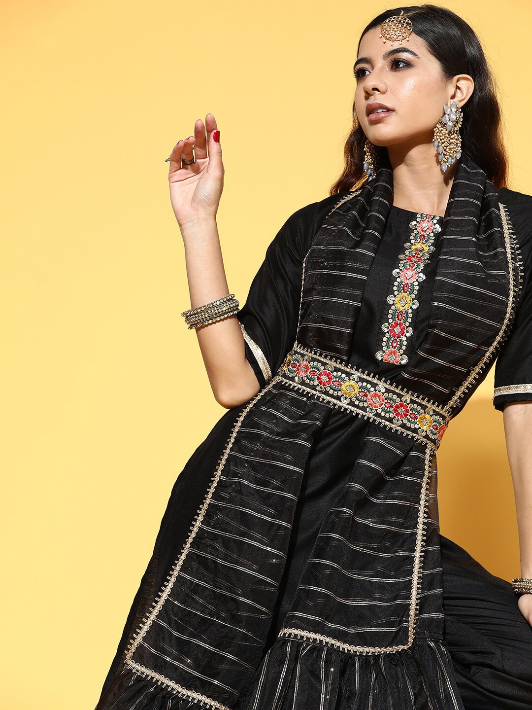 

Indo Era Ethnic Motif Embroidered Sequinned Kurta & Trousers With Dupatta & Belt, Black