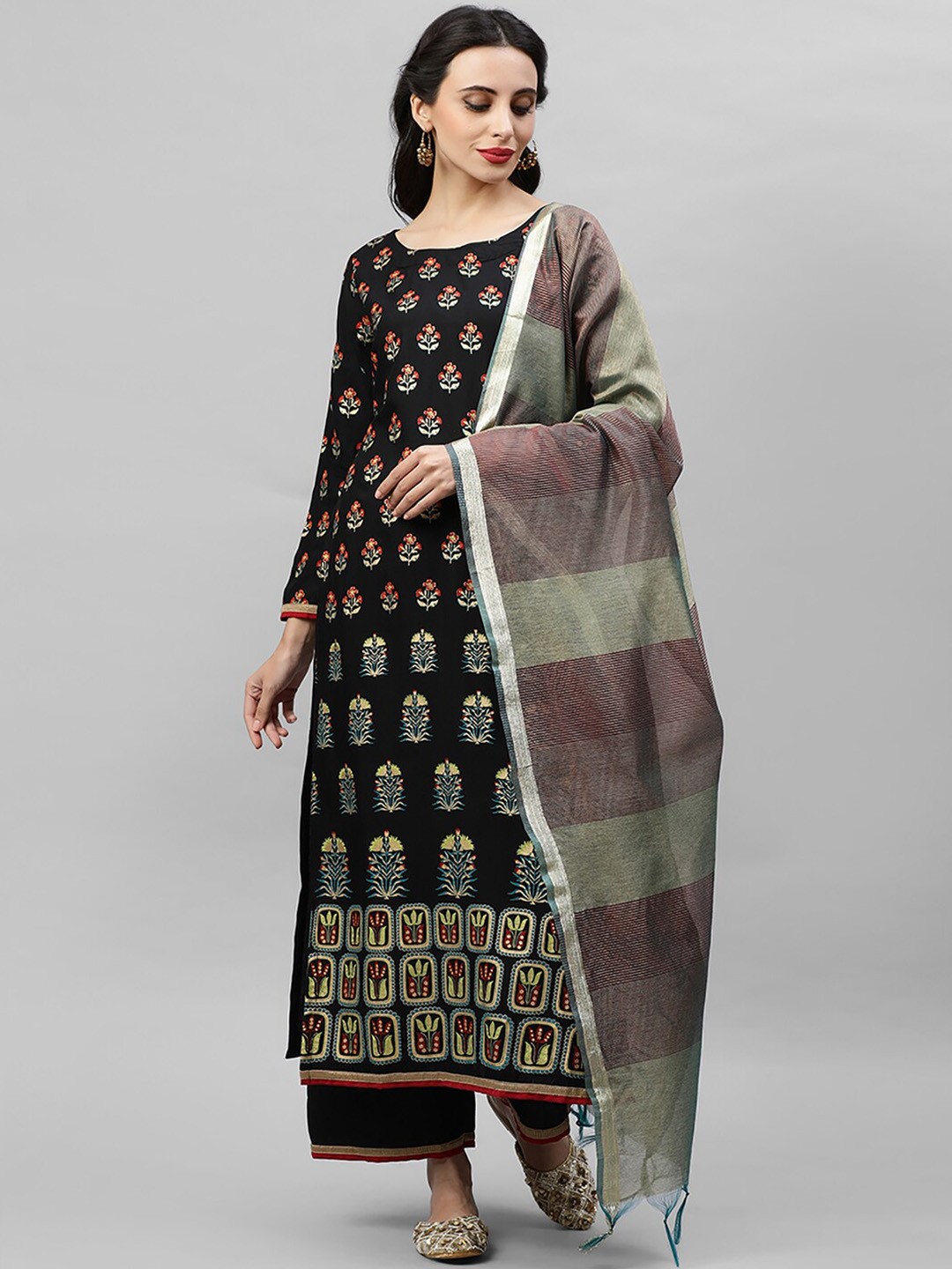 

Indo Era Ethnic Motif Printed Kurta With Palazzos & Dupatta, Black