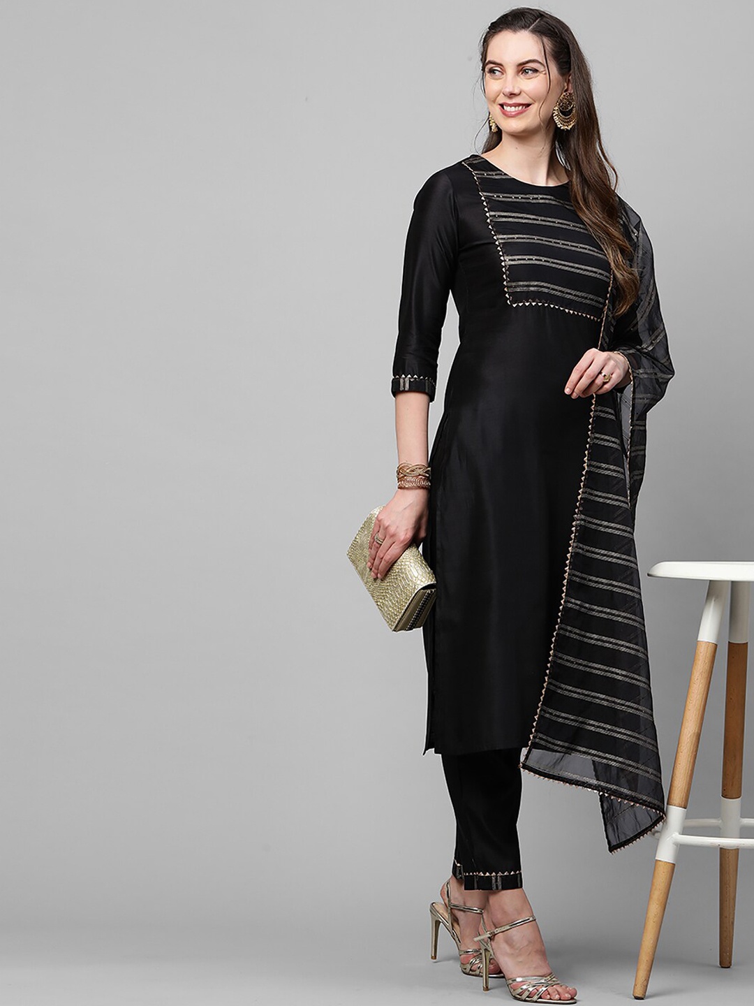 

Indo Era Sequined Straight Gotta Patti Kurta with Trousers & Dupatta, Black