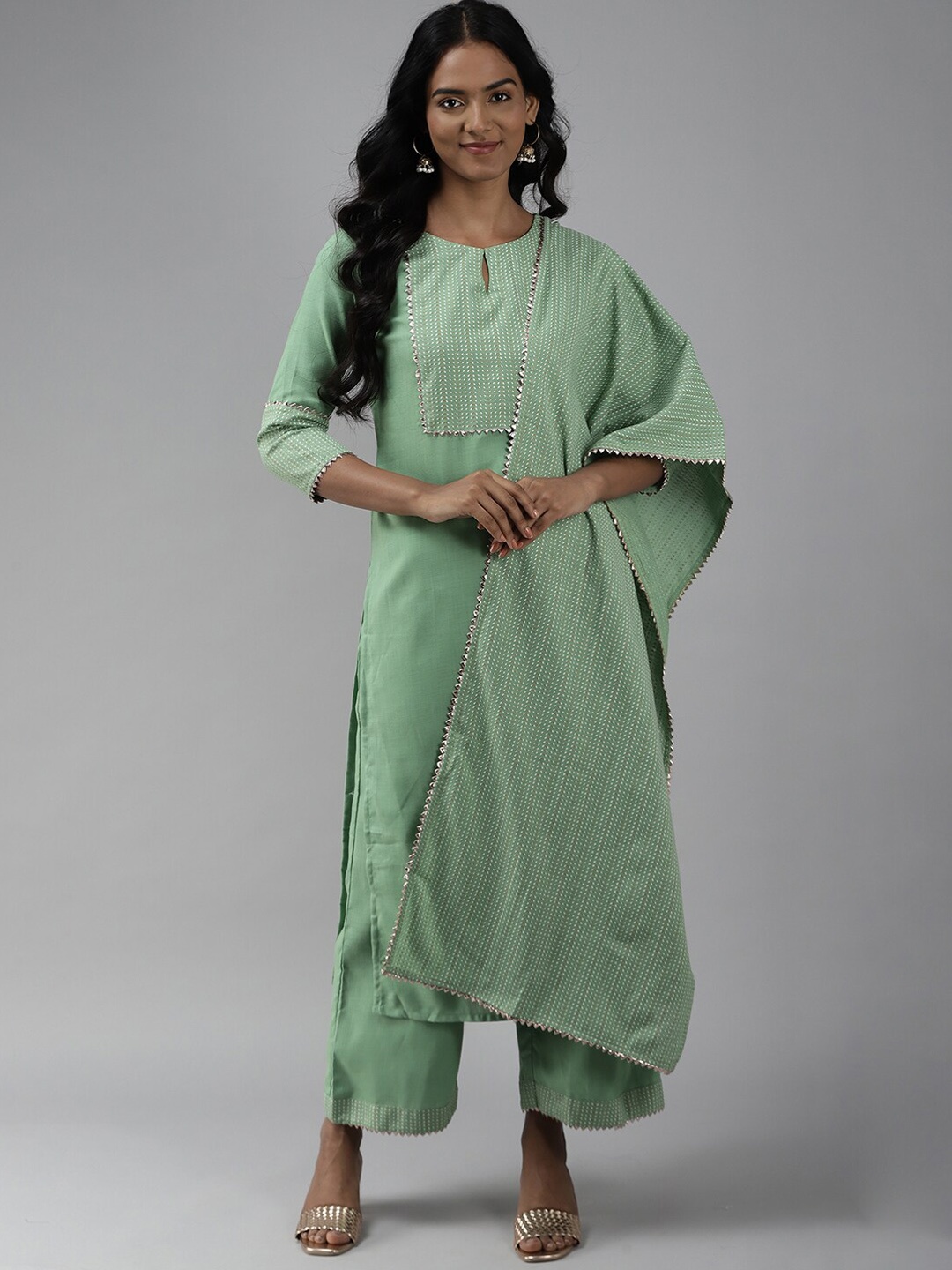 

Indo Era Ethnic Motif Yoke Design Kurta With Palazzos & Dupatta, Sea green