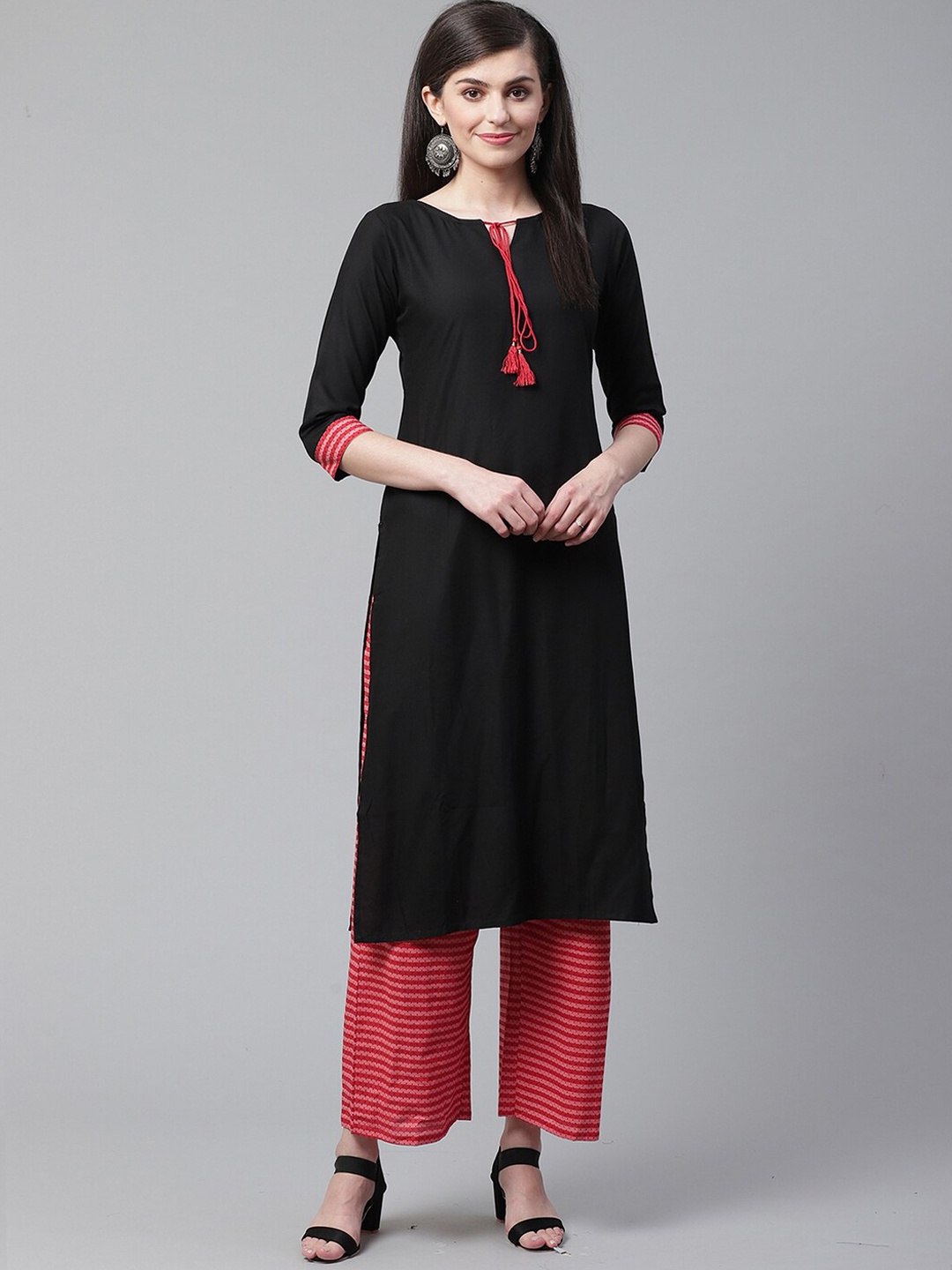 

Indo Era Tie-Up Neck Straight Kurta with Palazzos, Black