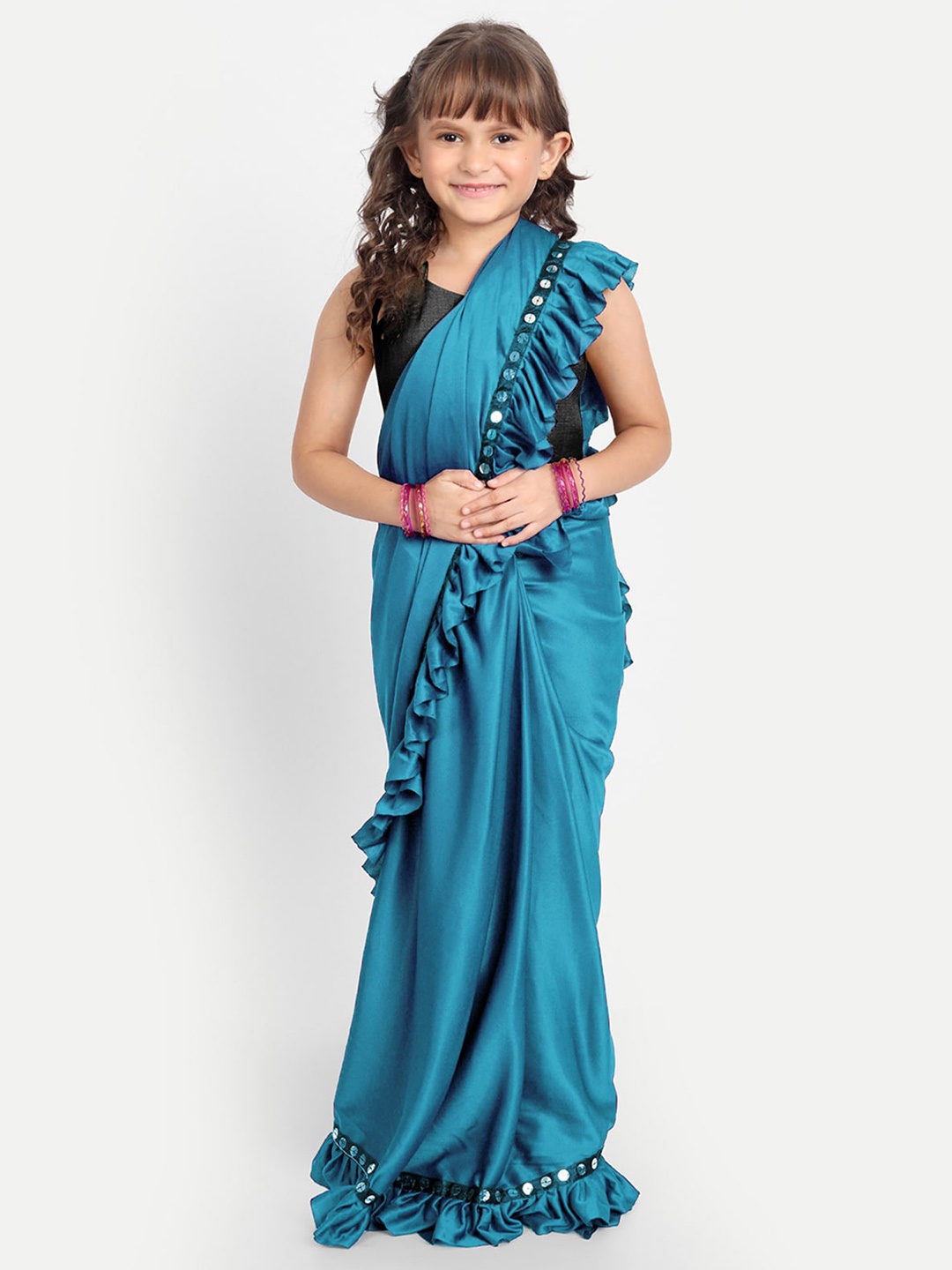 

LOOKS AND LIKES Girls Embellished Boarder Sequinned Ruffles Saree, Blue