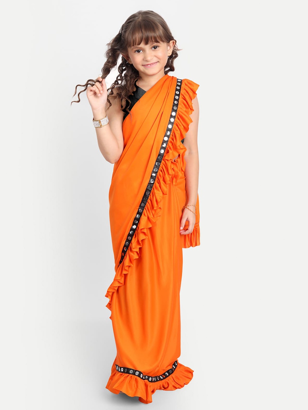 

LOOKS AND LIKES Ready To Wear Mirror Work Ruffled Saree, Orange
