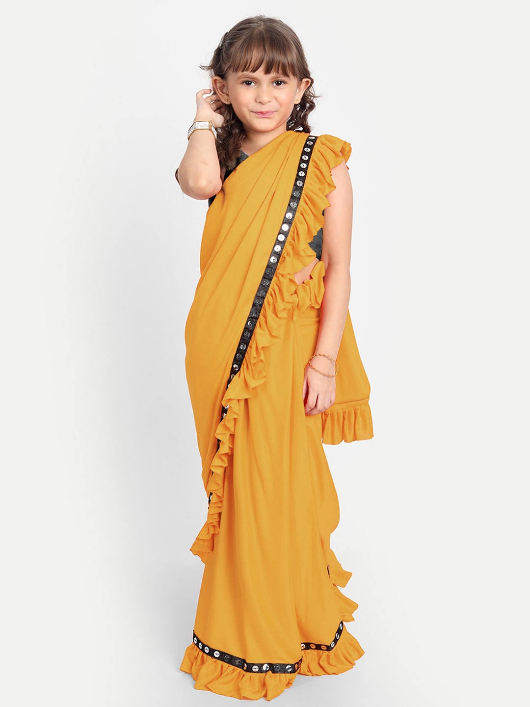 

LOOKS AND LIKES Girls Mirrors & Ruffled Ready to Wear Lycra Saree, Mustard