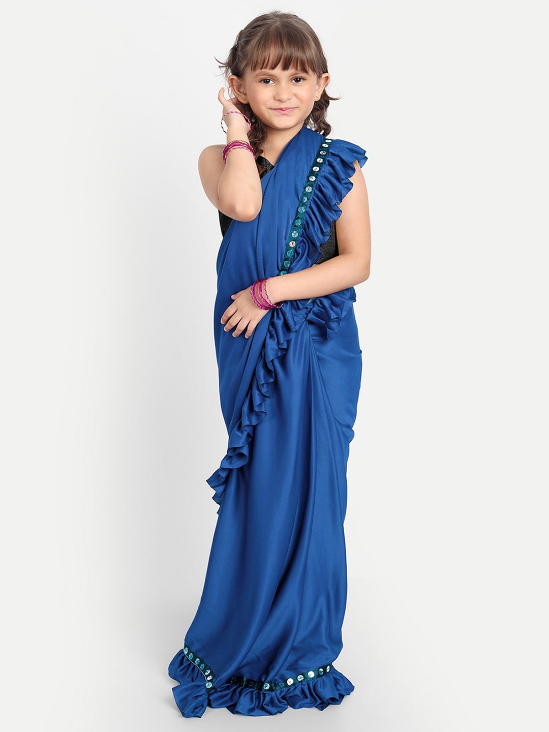 

LOOKS AND LIKES Girls Embellished Boarder Sequinned Ruffles Saree, Blue