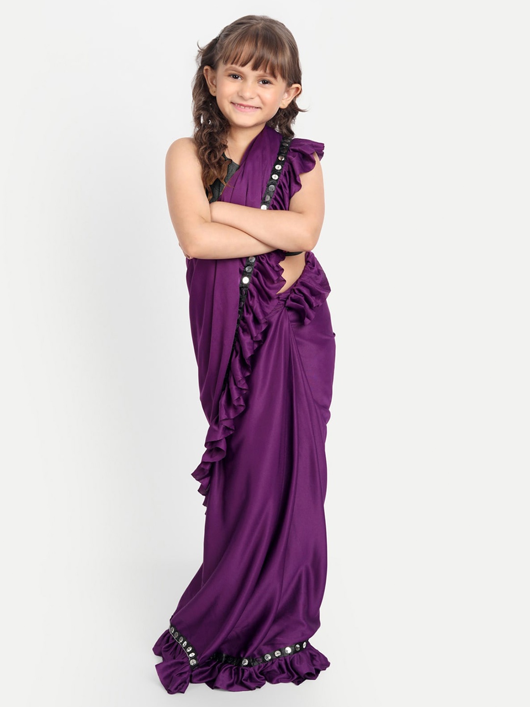 

LOOKS AND LIKES Girls Ruffles Sequinned Saree, Purple