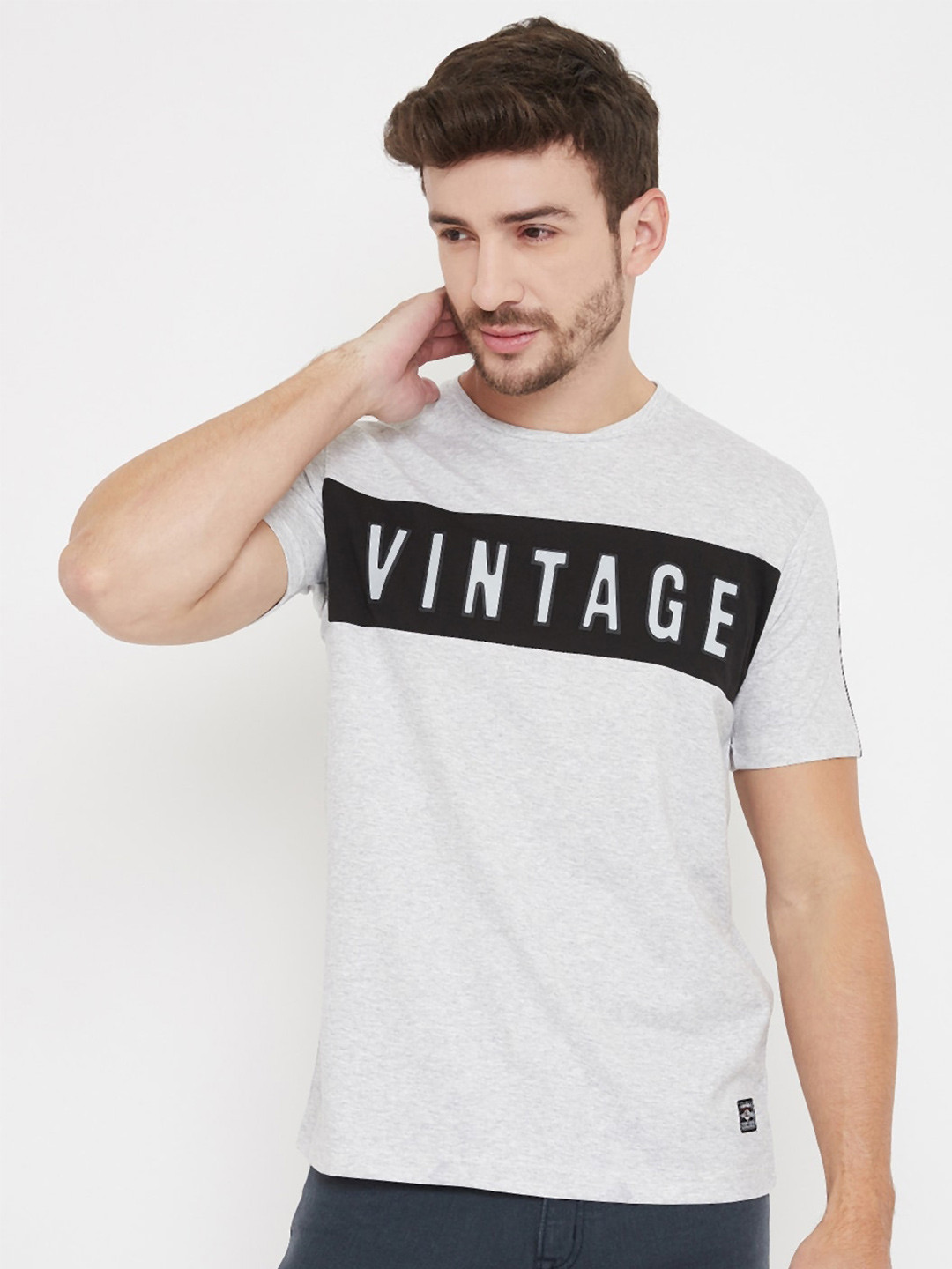 

NEVA Typography Printed Round Neck T-shirt, Grey melange