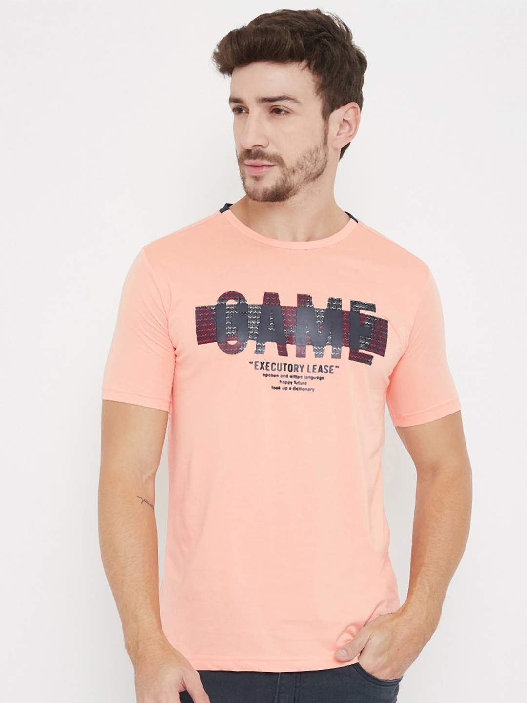 

NEVA Typography Printed Round Neck Cotton T-shirt, Peach