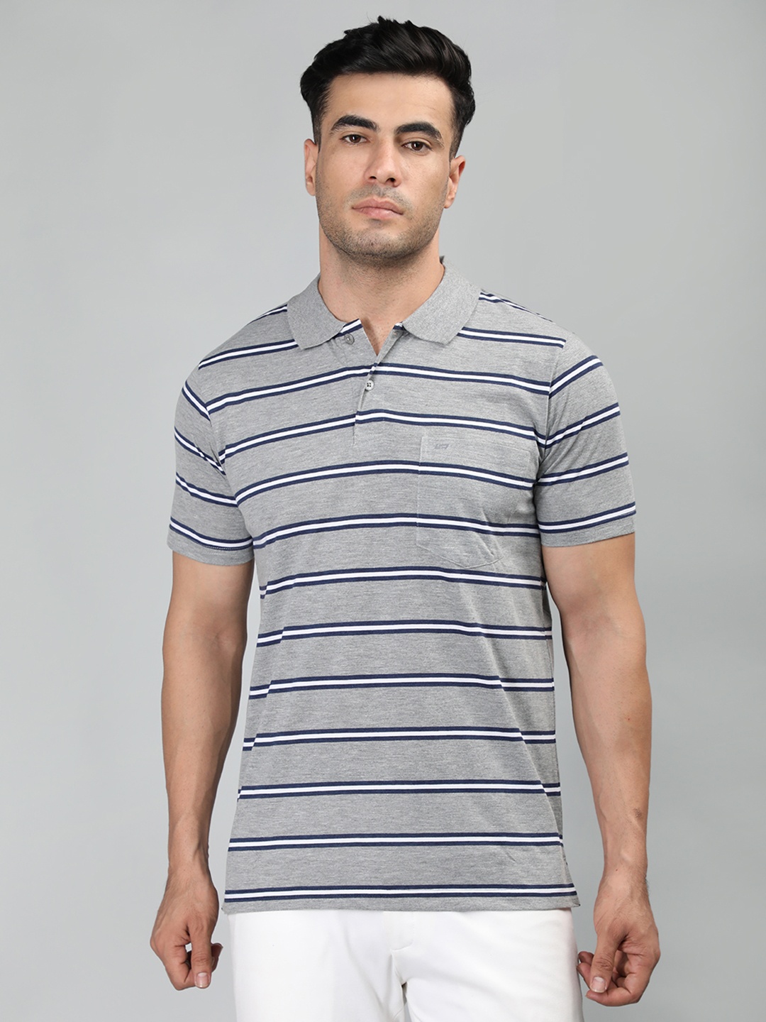 

NEVA Striped Polo Collar Regular Fit T-shirt, Grey