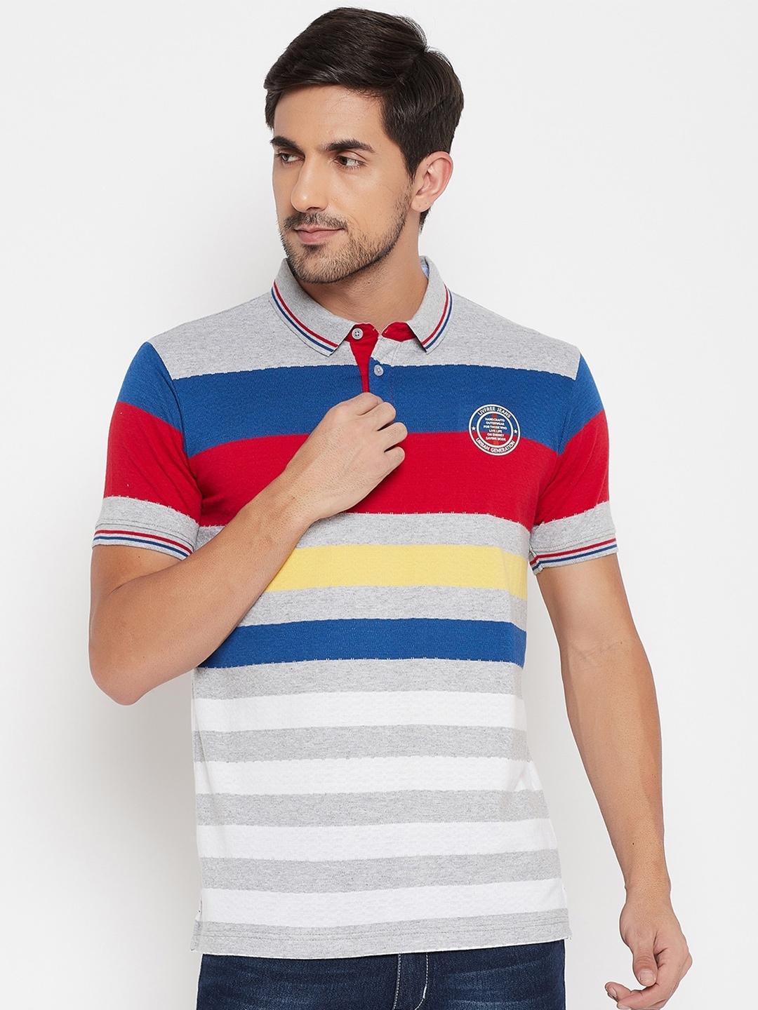 

NEVA Striped Polo Collar Cotton T-shirt, Grey melange