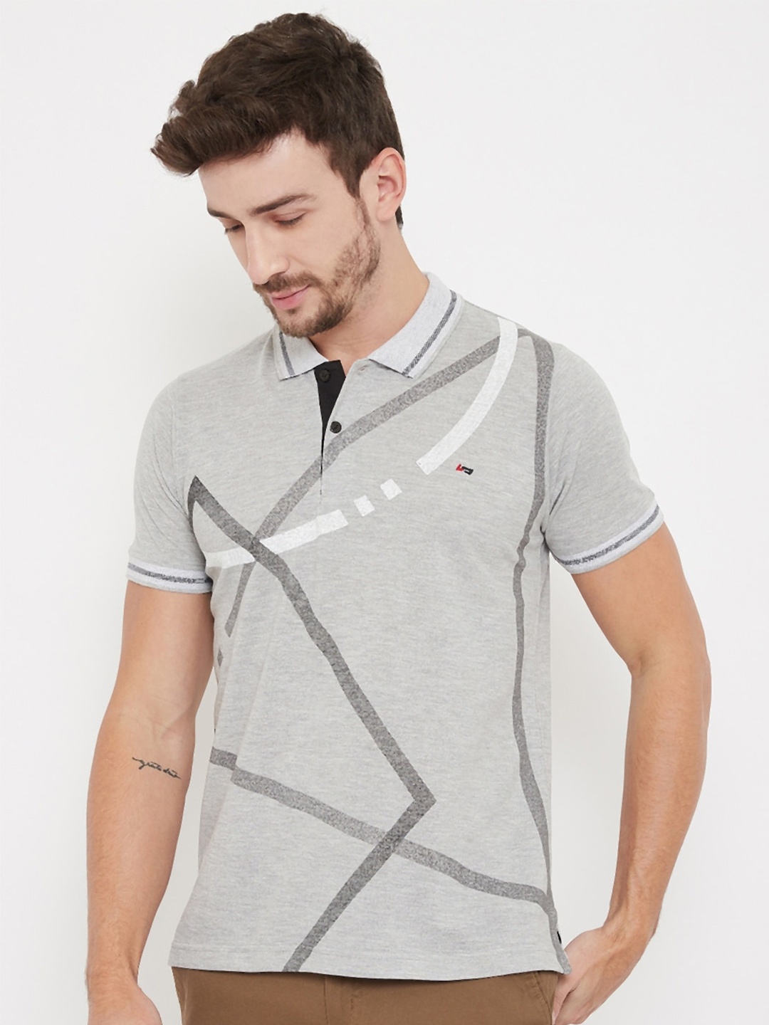 

NEVA Geometric Printed Polo Collar T-shirt, Grey melange