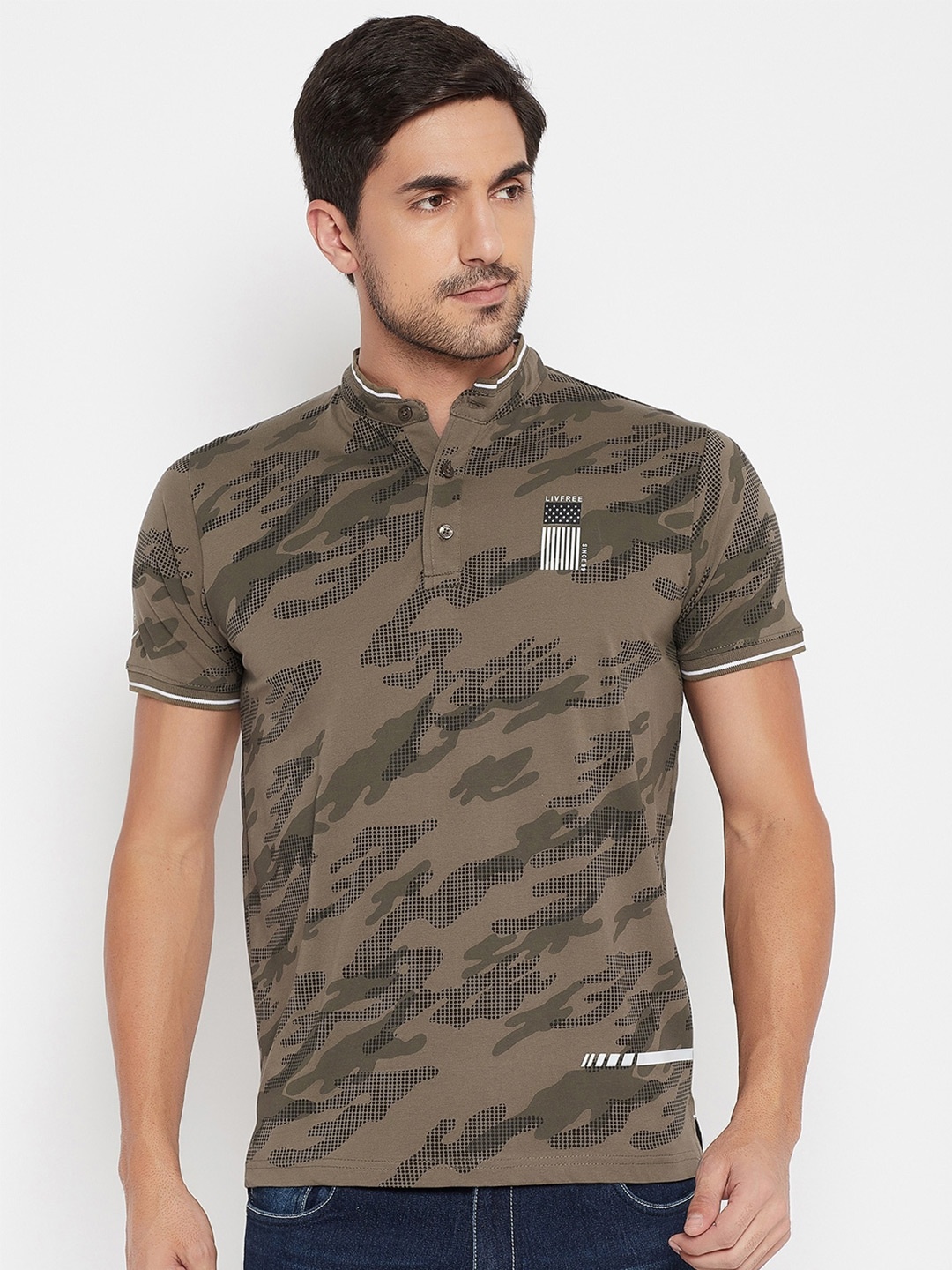 

NEVA Camouflage Printed Henley Neck Slim Fit T-shirt, Olive