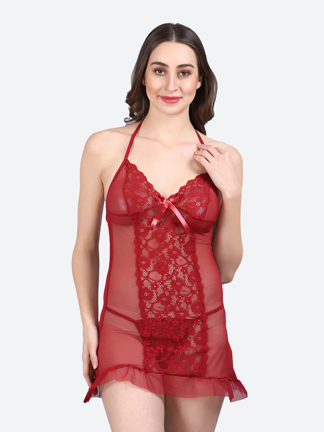 

Fleurt Women Halter Neck Baby Doll Dress, Maroon