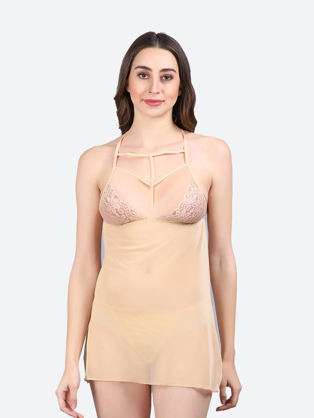 

Fleurt Self Design Halter Neck Baby Doll With Briefs, Gold