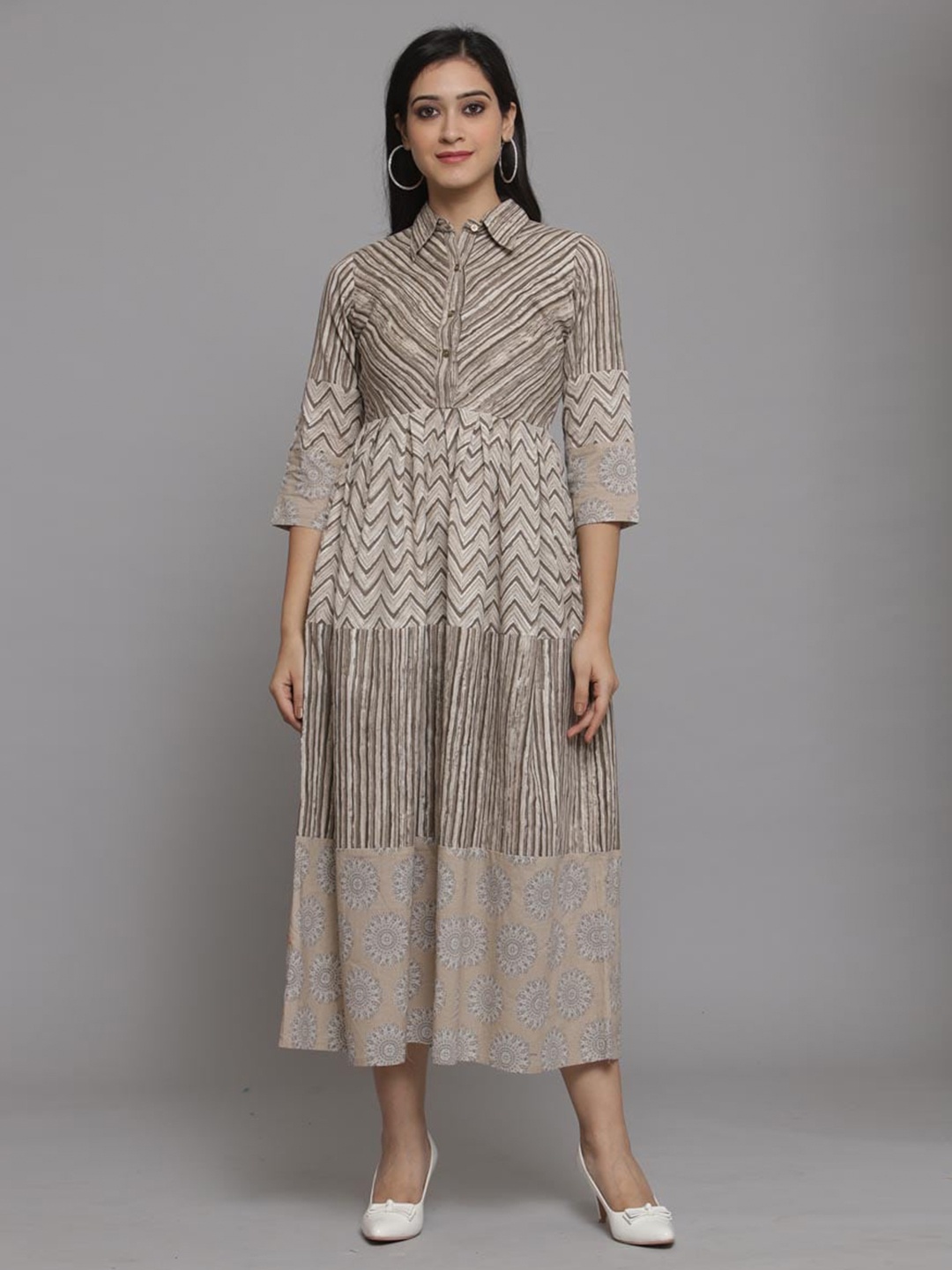 

Get Glamr Chevron Printed A-Line Midi Dress, Beige