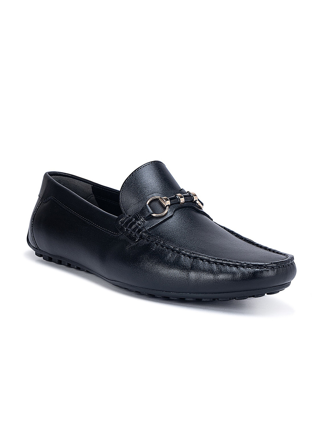 

ROSSO BRUNELLO Men Buckle Detailed Round Toe Leather Formal Loafers, Black
