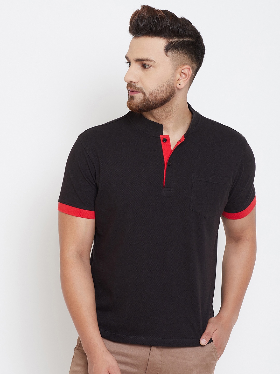 

Canary London Short Sleeve Henley Neck Contrast Trim Cotton T-shirt, Black