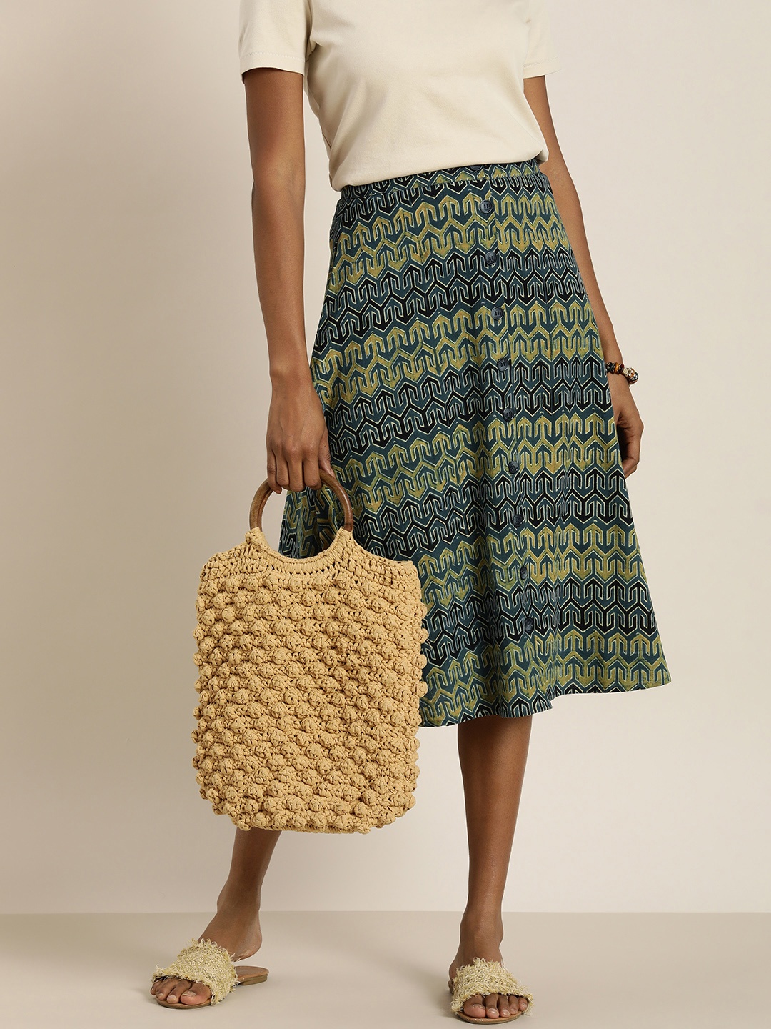 

Taavi Ajrakh Printed Pure Cotton High Rise A-Line Skirt, Blue