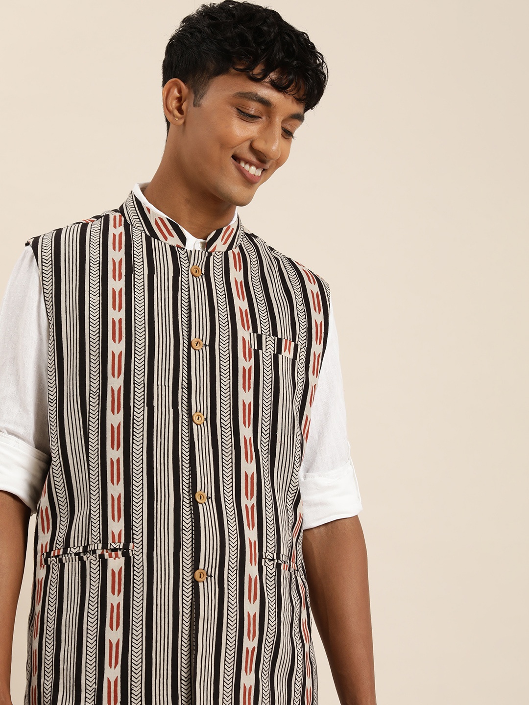 

Taavi Stripped Mandarin Collar Bagru Nehru Jacket, Black