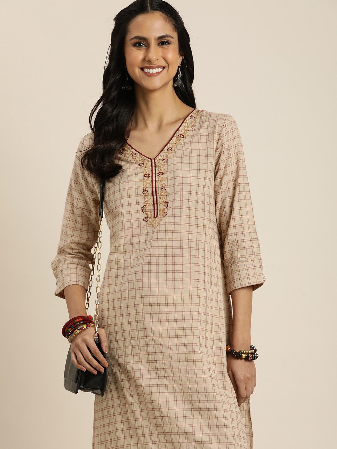 

Taavi Embroidered Thread Work Checked Woven festive Kurta, Beige