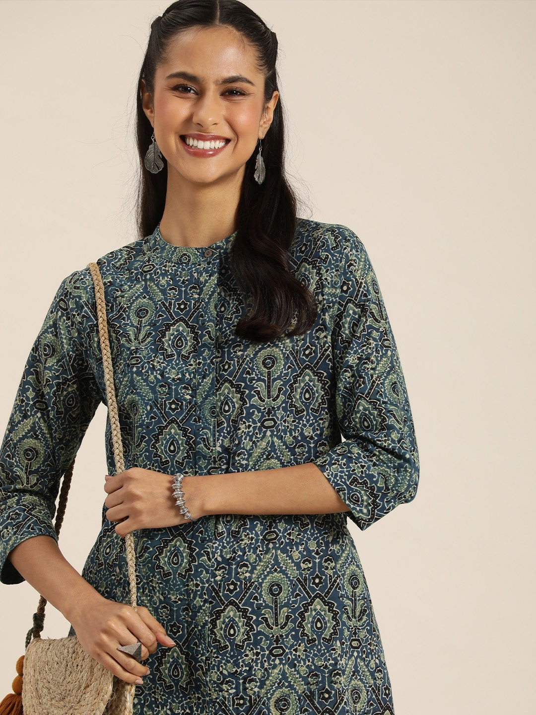 

Taavi Pure Cotton Ethnic Motifs Printed Band Collar A-Line Aajrakh Kurta with Trousers, Navy blue