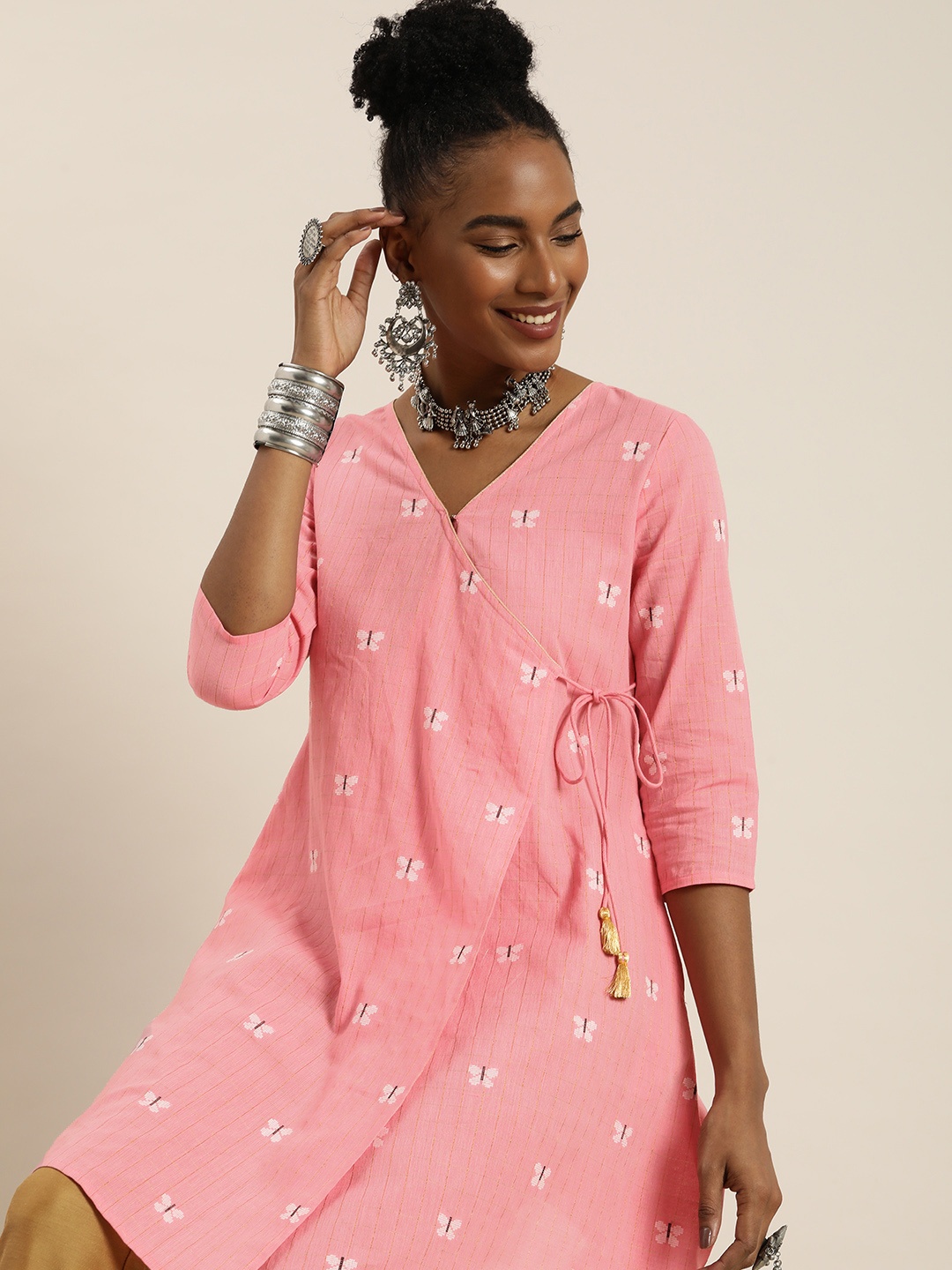 

Taavi Women Conversational Woven Legacy & Checked V-Neck Wrap Ethnic Dress, Pink