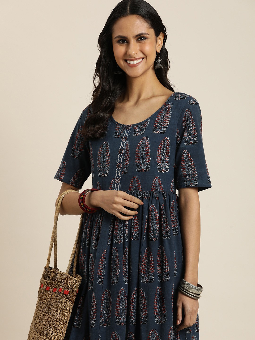 

Taavi Pure Cotton Ethnic Motifs Printed Anarkali Ajrakh Kurta, Navy blue