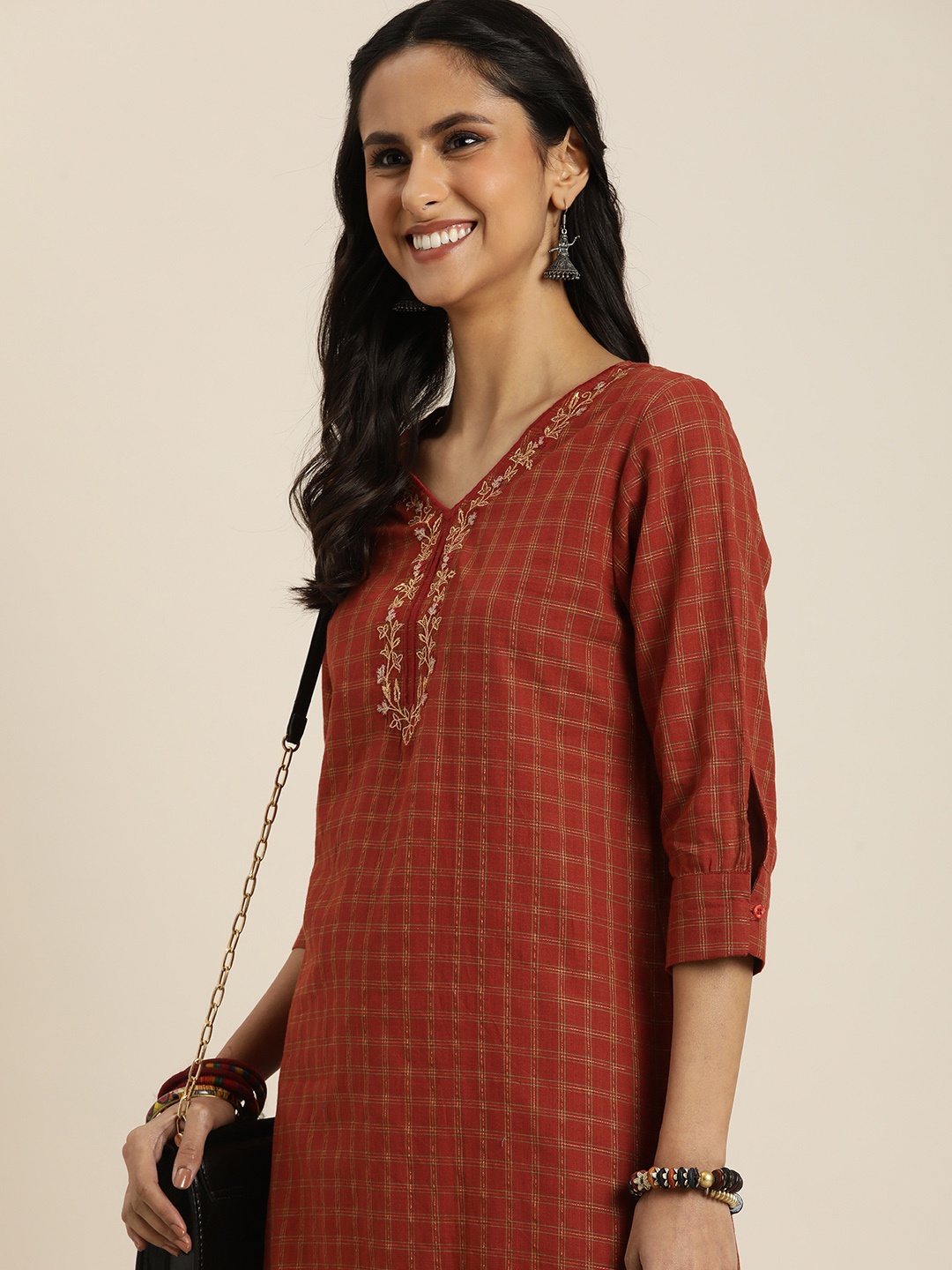 

Taavi Embroidered Thread Work Checked Woven festive Kurta, Rust