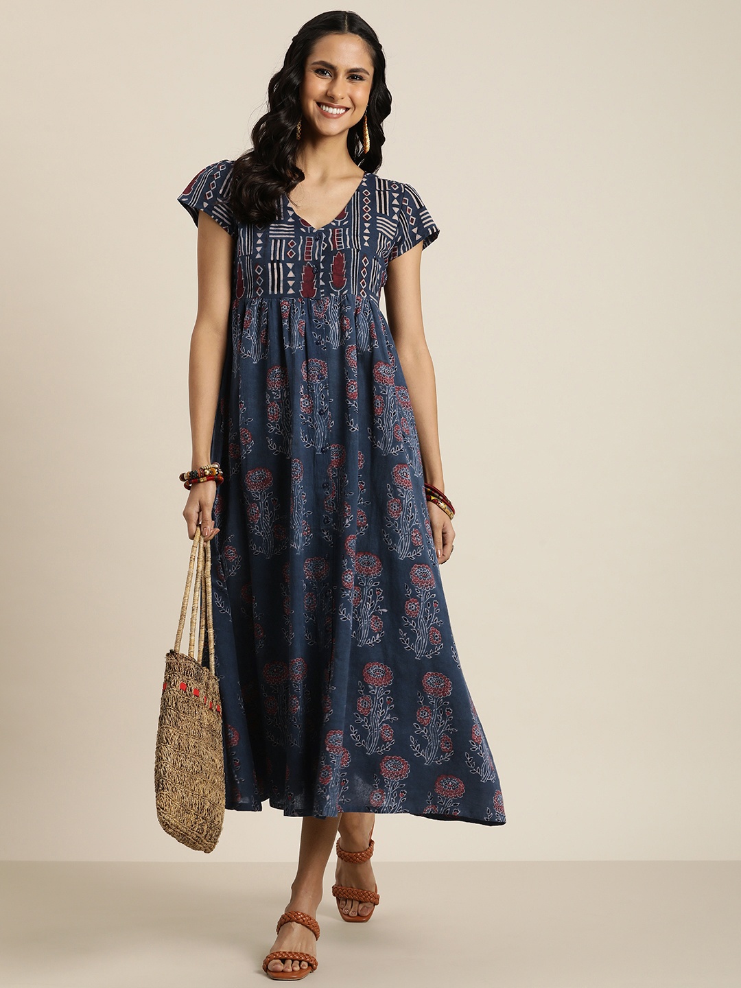 

Taavi Ajrakh V-Neck Ethnic Motifs Floral Printed Pure Cotton Empire Style Midi Dress, Blue