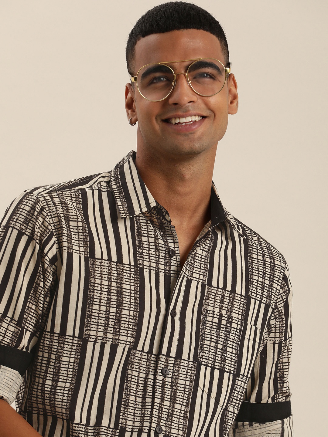 

Taavi Pure Cotton Striped Spread Collar Bagru Casual Shirt, Brown