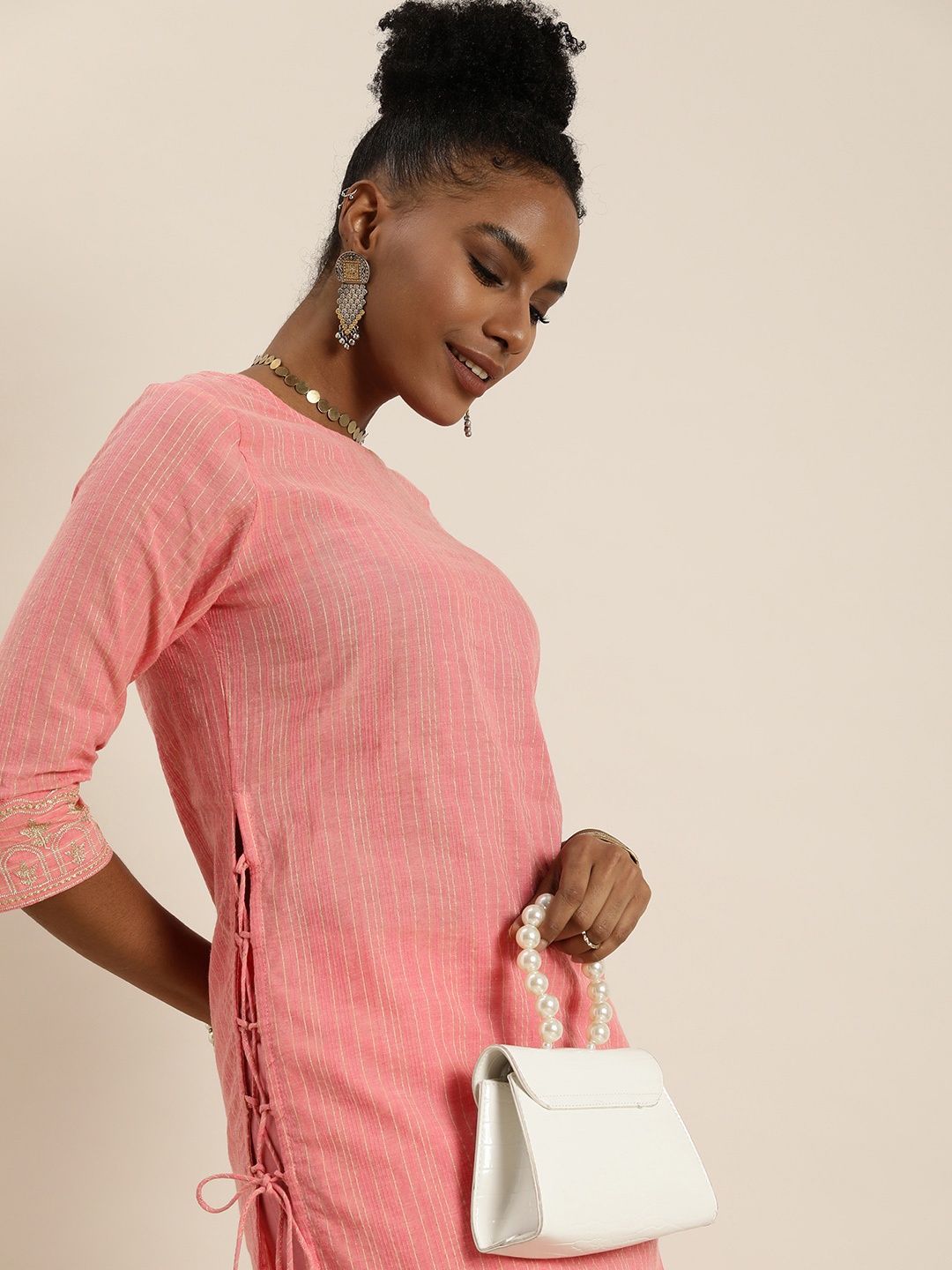 

Taavi Women Woven Festive Woven Design Zari Work Kurta With Trousers, Pink