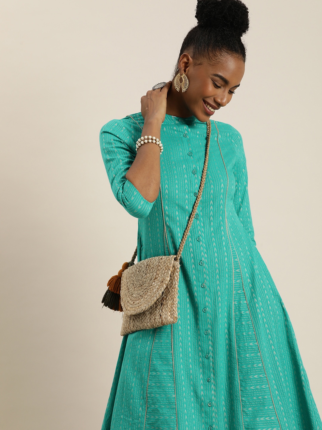 

Taavi Women Geometric Woven Legacy & Striped Mandarin Collar A-Line Ethnic Dress, Sea green