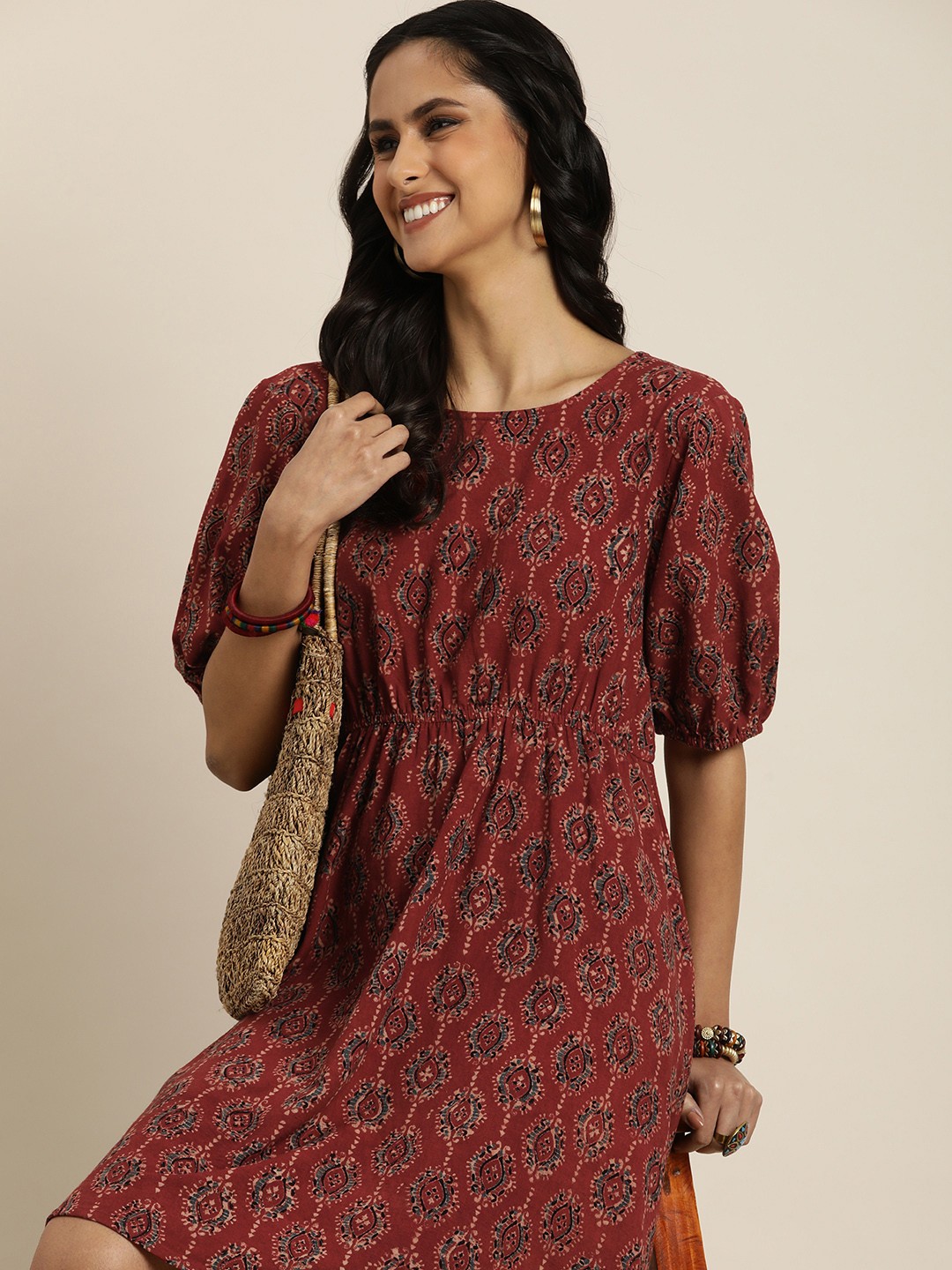 

Taavi Ajrakh Round Neck Ethnic Motifs Printed Fit & Flare Dress, Rust