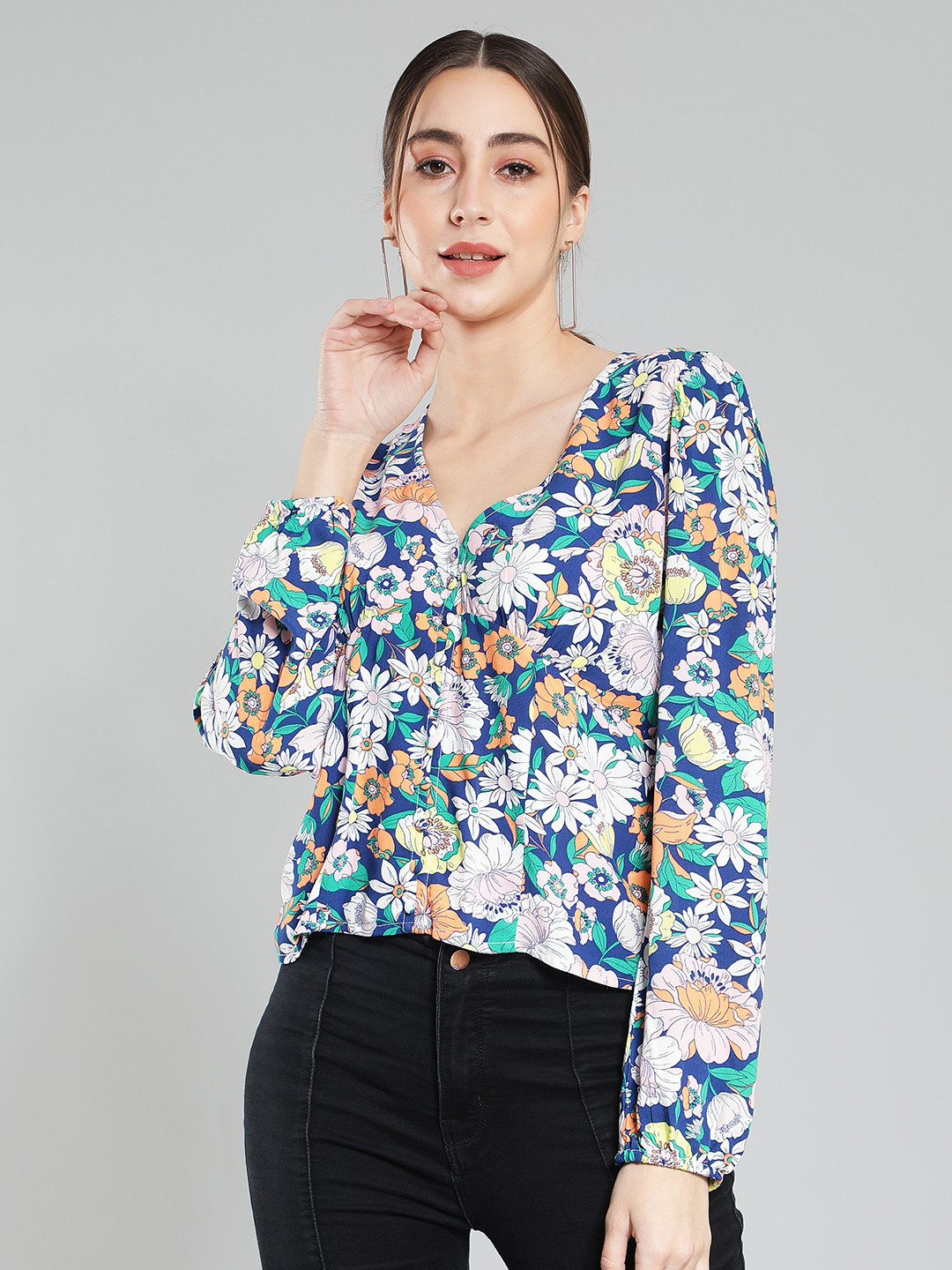 

Aditi Wasan Puff Sleeves Floral Print V-Neck Top, White
