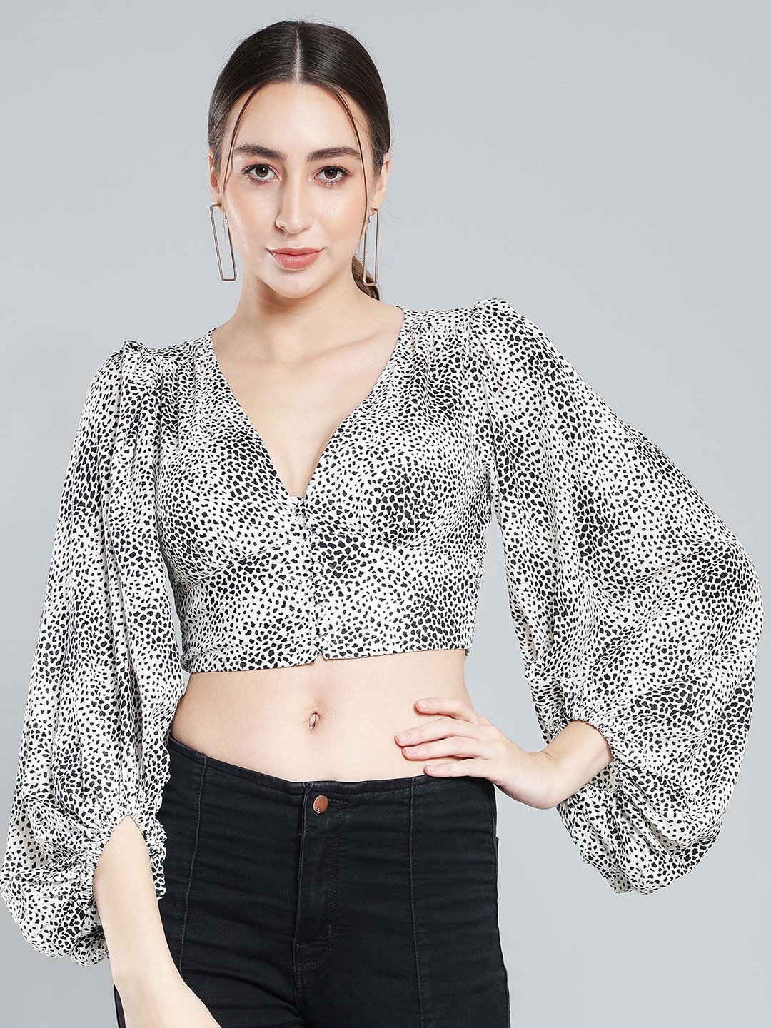 

Aditi Wasan Bishop Sleeves Animal Print Wrap Fitted Crop Top, White