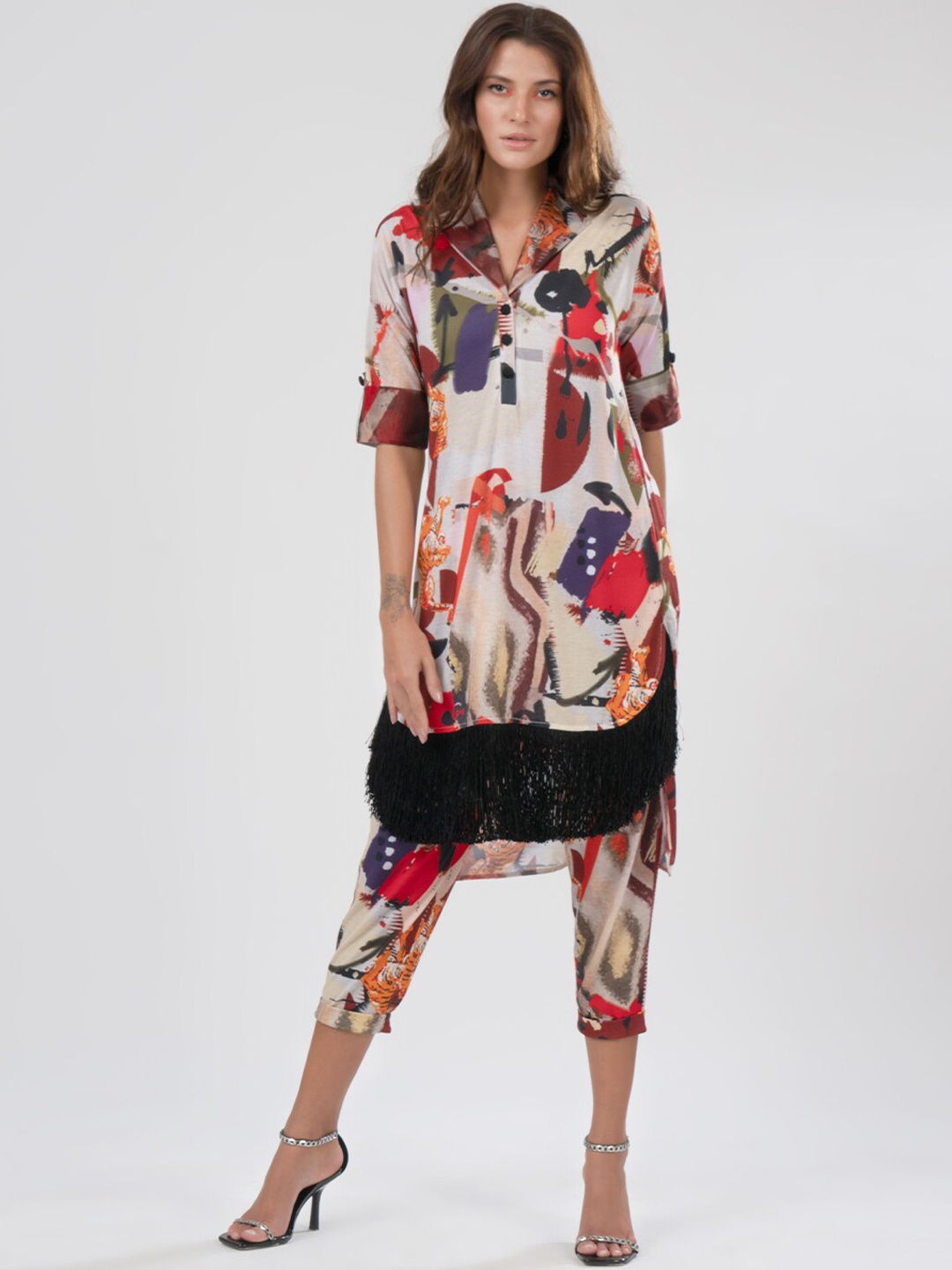 

iki chic Oversize Shirt Printed Collar Neck Co-Ords, Beige