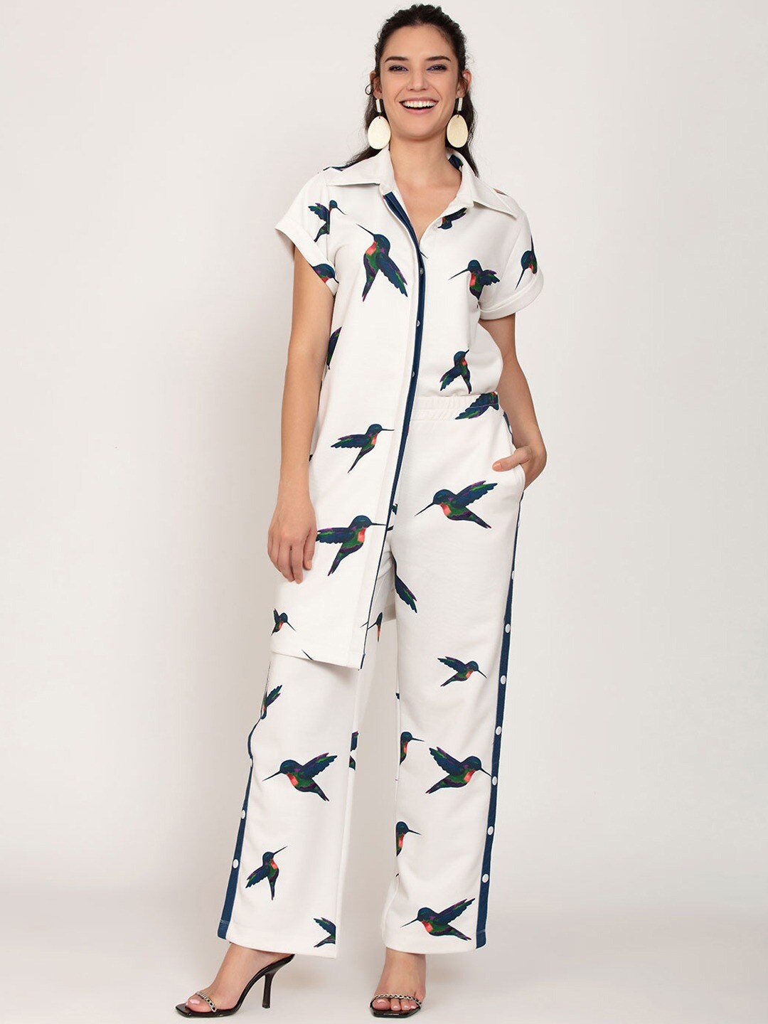 

iki chic Printed Asymmetric Shirt With Wide Leg Trouser Co-Ords, White