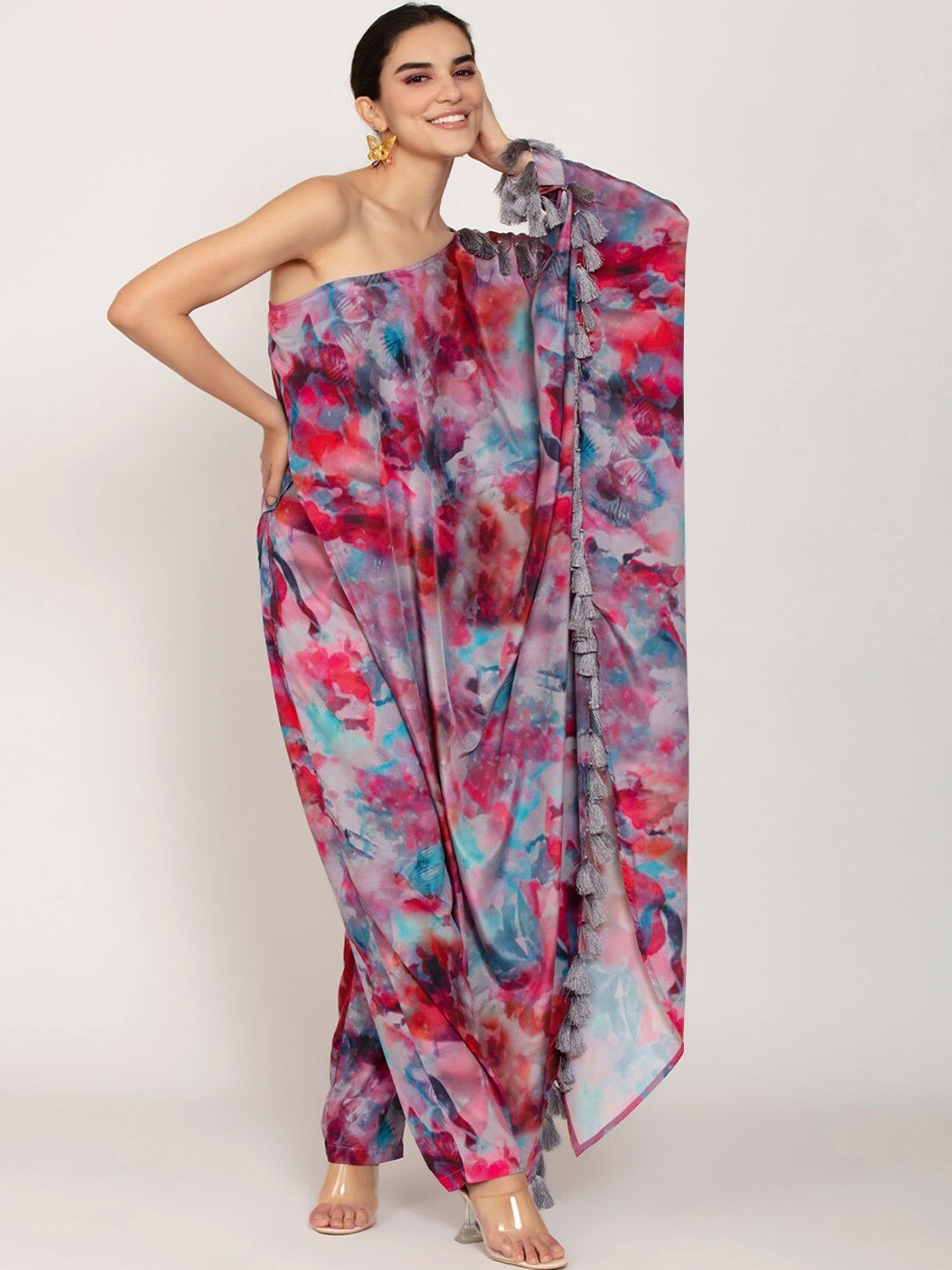 

iki chic Women Tie-Dye Printed One Shoulder Asymmetric Kaftan & Trouser Co-Ords Set, Fuchsia
