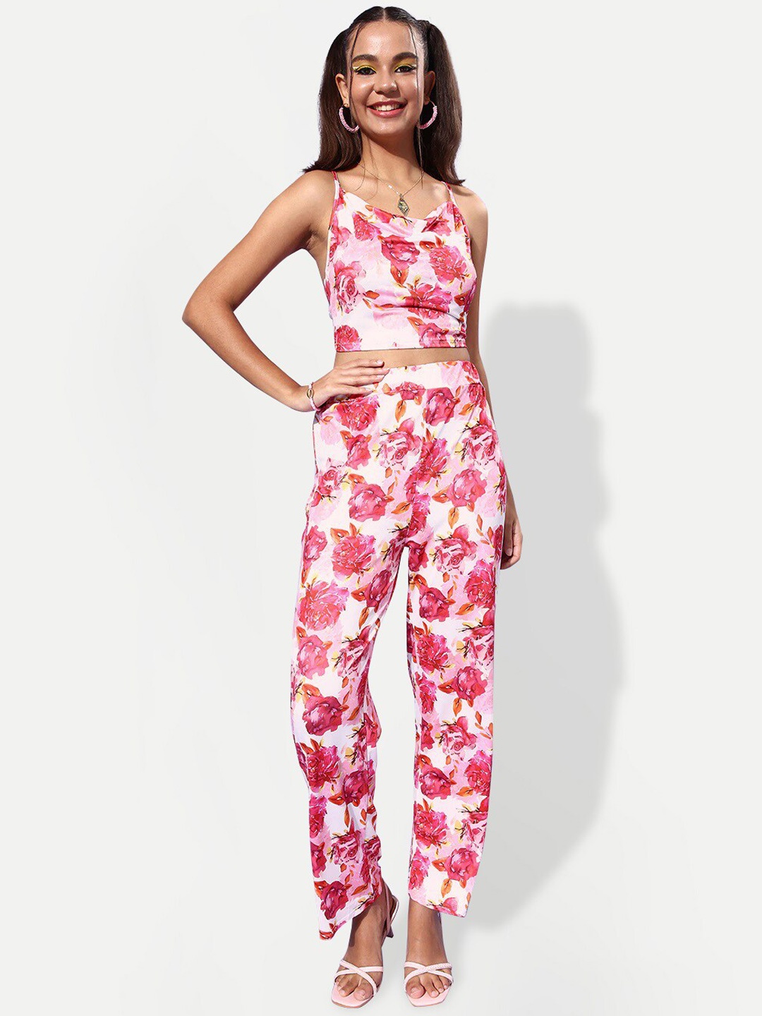 

iki chic Floral Printed Crop Top & Trouser Co-Ords Set, Pink